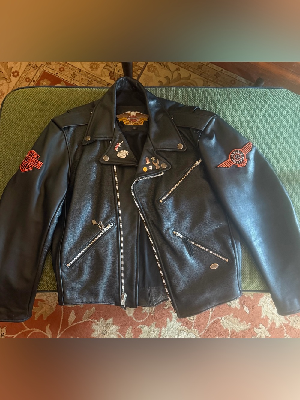 Harley-Davidson Black Leather Biker Jacket with Red Patch Accents